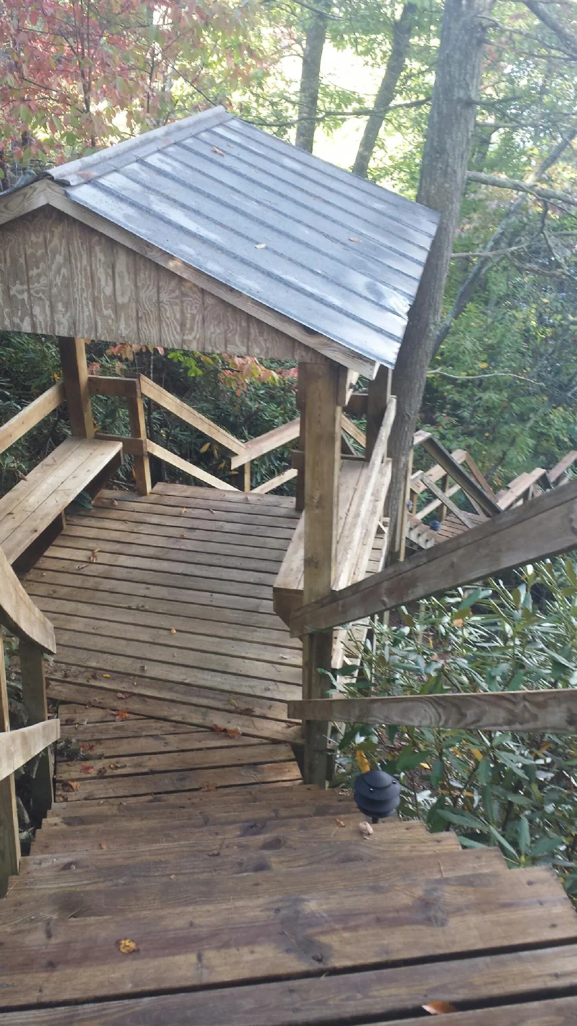 Metal roofed shelter over wooden steps on a wooded walkway — Skylight Repair & Installation work by our crew in Milldale